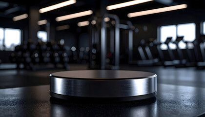 A sleek, metallic display platform sits in a modern gym setting, ready to showcase fitness products.