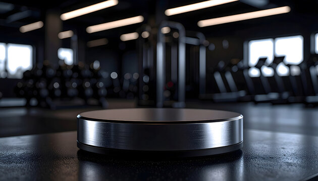 A sleek, metallic display platform sits in a modern gym setting, ready to showcase fitness products.