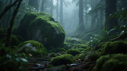A mossy forest path with large stones and trees in a misty and atmospheric environment view