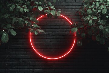 Red Neon Circle on Brick Wall with Foliage