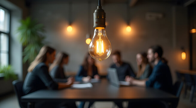 Warm-lit Edison bulb hanging above blurred business team meeting; modern office, brainstorming concept.
