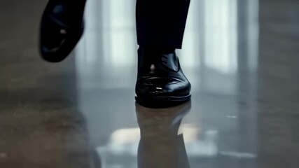 Close-up of a businessman confidently walking in sleek black shoes in modern ambiance