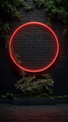 Red Neon Circle on Dark Brick Wall with Planter