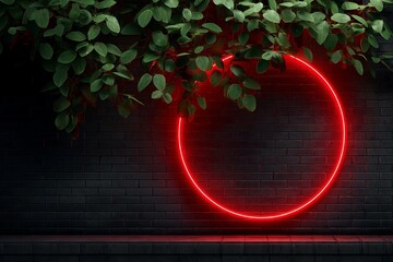 Red Neon Circle on Brick Wall with Overhanging Foliage