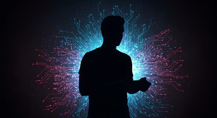 Illuminating the Digital Age: A silhouetted figure stands at the nexus of technology. With circuits and a glow of information, embodying the connection and the evolution.