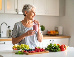 Smiling senior woman enjoying a smoothie