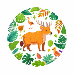 Whimsical Wildlife Scene with a Deer and Birds Surrounded by Lush Foliage Illustration