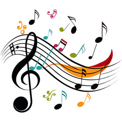 Colorful Vector Musical Notes on Staff with Curved Lines.