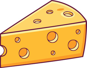 Fototapeta premium A cartoon illustration of a triangular cheese wedge with multiple holes and a yellow color.