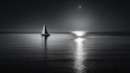 Nighttime seascape with sailboat in monochrome palette