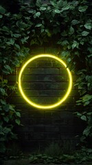Yellow Neon Circle on Brick Wall with Foliage