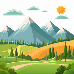 Obraz premium Tranquil Mountain Landscape: A Serene Cartoon Illustration of Nature's Beauty and Peacefulness
