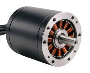 High-torque brushless DC electric motor with visible copper windings and a metal mounting flange, Isolated on Transparent and White Background
