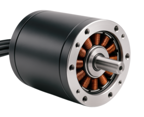 High-torque brushless DC electric motor with visible copper windings and a metal mounting flange, Isolated on Transparent and White Background