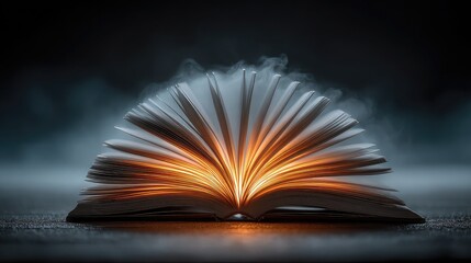 Open glowing book with lit pages in darkness. 