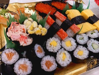 Japanese Sushi food with various interesting and delicious fillings and toppings