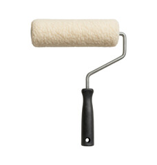 A clean, new paint roller with a thick, fluffy nap cover on a metal frame with a black handle, Isolated on Transparent and White Background