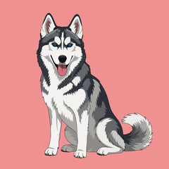 A cartoon image depicts a sitting husky with blue eyes, gray and white fur, and a pink background. © Ahmad