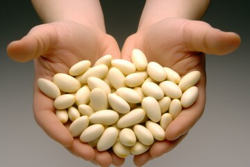 Hands Holding White Almond-Shaped Candies with Soft Background