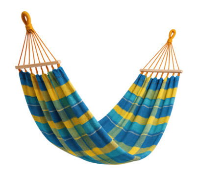 A comfortable colorful plaid fabric hammock with wooden spreader bars for outdoor relaxation, Isolated on Transparent and White Background