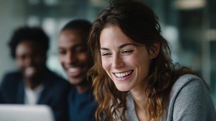 Fototapeta premium Teamwork Dynamics: In a modern office setting, a vibrant team engages in a collaborative work environment, with focus on shared success, positive attitude and professional connection.