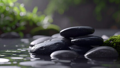 Serene scene of smooth, dark stones partially submerged in water, creating a peaceful and calming atmosphere.