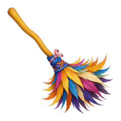 Rainbow Feather Broom, Whimsical Fantasy Design, Isolated on Transparent and White Background