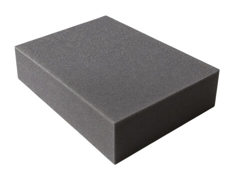 A rectangular Podium or block of dark grey polyurethane foam with a porous texture, used for packaging or insulation, Isolated on Transparent and White Background