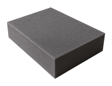 A rectangular Podium or block of dark grey polyurethane foam with a porous texture, used for packaging or insulation, Isolated on Transparent and White Background