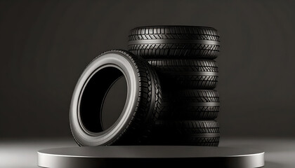 A stack of tires is displayed on a metallic platform, set against a dark background. The scene is simple, yet striking.