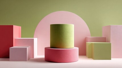 Pastel cylinder on geometric pink and green blocks.