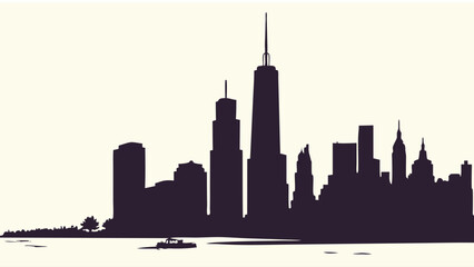 Obraz premium Silhouette of City Skyline with Skyscrapers and Boat on Water at Dusk
