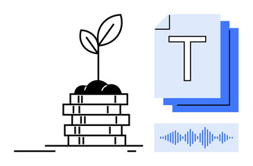 Coin stack with plant growing, document stack with text, sound wave signifying audio content. Ideal for investment, sustainability, green economy, innovation, financial growth, digital