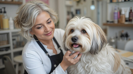 Portrait of caring elderly woman grooming cute havanese with cosmetics for dogs in professional pet salon