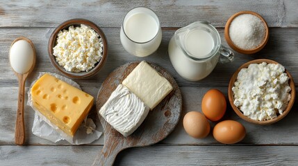 Fototapeta premium Assorted Dairy Products and Eggs on Rustic Table