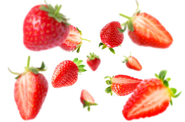 Yummy fresh strawberries swirling in air against white background