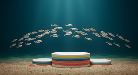 An underwater scene featuring a product display podium, surrounded by fish.