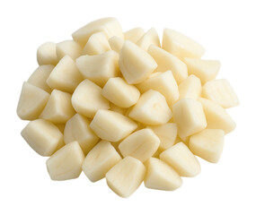 A pile of fresh coarsely chopped garlic cloves, a fragrant cooking ingredient, Isolated on Transparent and White Background