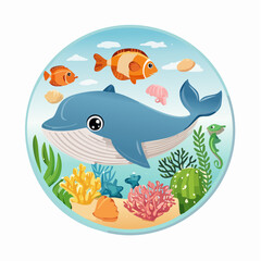 Obraz premium Delightful underwater illustration featuring a playful whale and vibrant marine life scene