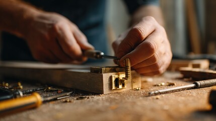 Artisan Hands at Work: A skilled artisan meticulously works on a piece of fine craftsmanship, using tools to bring a project to life with precision and dedication. 