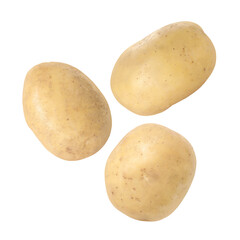 Three raw potatoes flying against white background