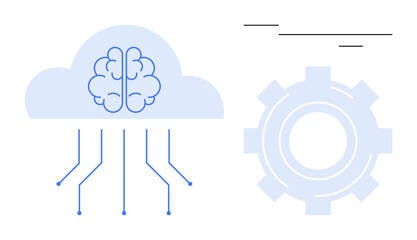 Cloud with brain representing AI, data lines for technology connection, gear symbolizing automation. Ideal for AI, machine learning, cloud computing, data science, innovation, automation simple flat