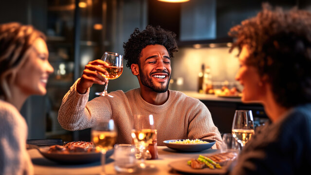 Smiling African American man toasts, cheers with friends during cozy indoor dinner with warm lighting, casual atmosphere. Concept of friendship, joy, emotional connection, positive shared experiences - Powered by Adobe