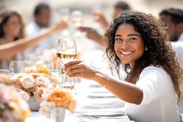 Smiling young African American woman raises white wine glass at elegant outdoor banquet with floral decorations. Concept of wedding celebration, event dining and festive gatherings in beautiful venues