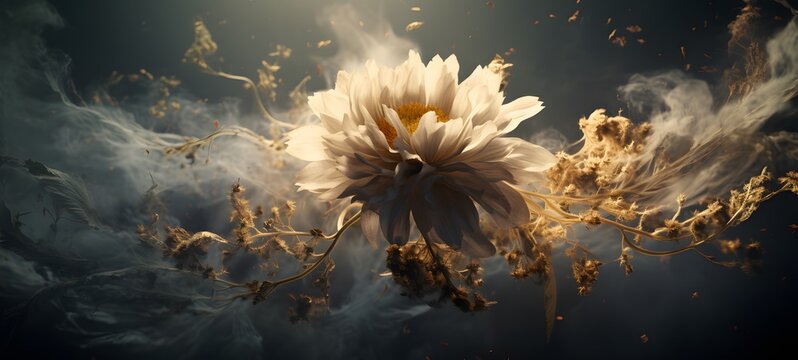 a light sun flower , coming out of the smoke, generative AI - Powered by Adobe