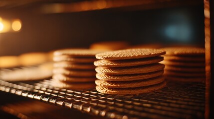 Medium shot showcasing a stack of algaeenriched vegan communion wafers on a cooling rack with the bakerys oven softly blurred behind for a warm ambiance.