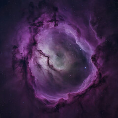 Cosmic Nebula with Purple and Green Gaseous Clouds in Dark Night Sky