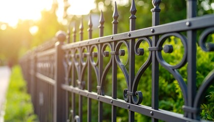 Ornate black metal fence in sunlight