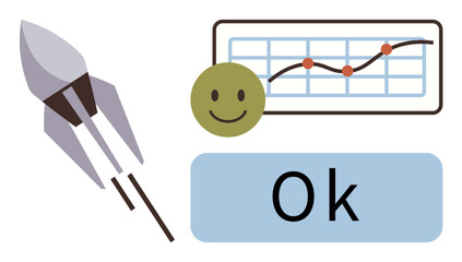 Rocket taking off, smiling face, upward trend chart, and Ok. Ideal for progress, positivity, teamwork, success innovation startup growth motivation. Clean simple flat metaphor