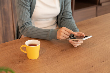 Obraz premium 部屋でスマホを見る若い女性 手元